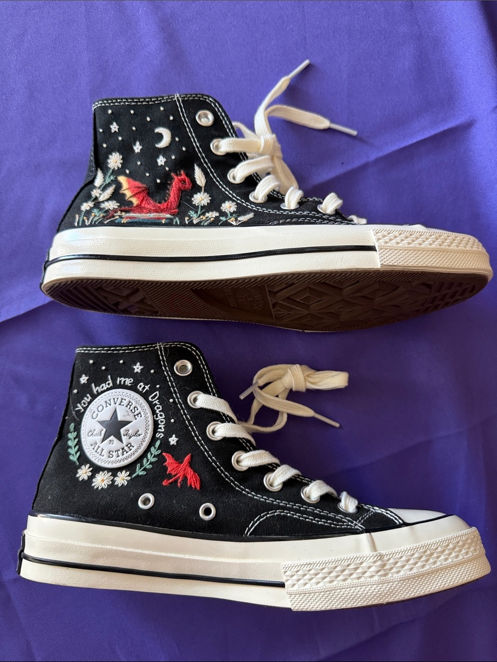 Custom Dragon Embroidered Chuck 70 Canvas Unisex Hightop Sneakers W8 M6 - Picture 2 of 15